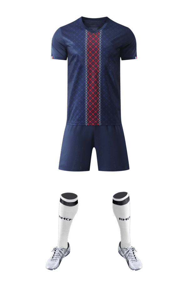The adult training suit conceals a blue and red striped set