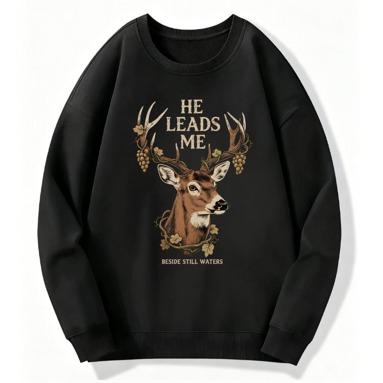He Leads Me Deer Sweatshirt