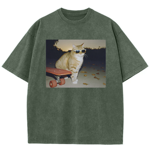 Cool Skateboard Cat Washed T-shirt - Image 3