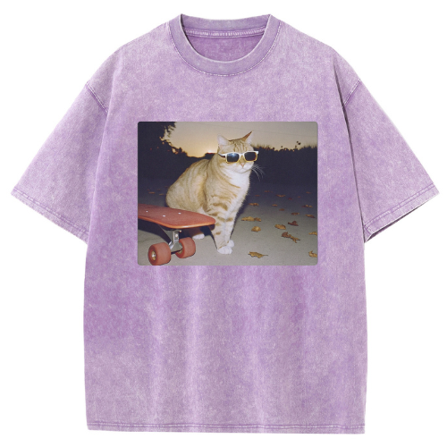 Cool Skateboard Cat Washed T-shirt - Image 5