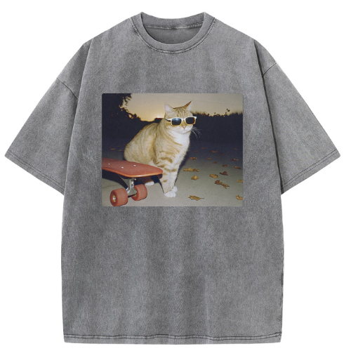 Cool Skateboard Cat Washed T-shirt - Image 2