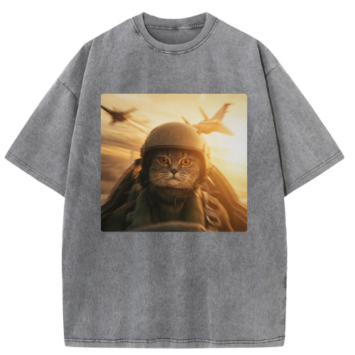 Flying Combat Cat Washed T-shirt - Image 2