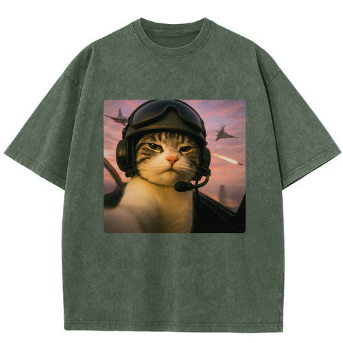 Flying Combat Cat Washed T-shirt - Image 3