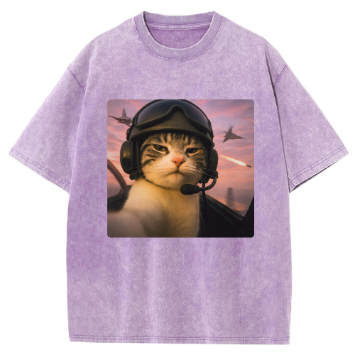 Flying Combat Cat Washed T-shirt - Image 5